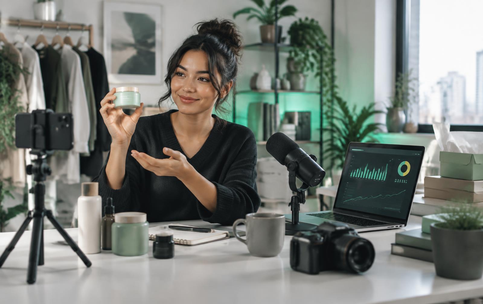 Content creator filming a product demonstration beside a microphone, camera, and analytics laptop